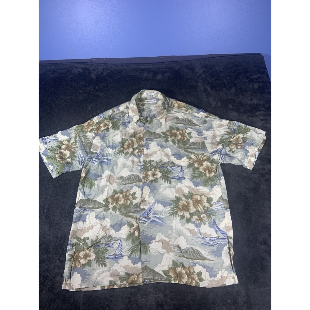 VINTAGE Pierre Cardin Hawaiian Shirt Mens XL Beige Blue Sailing Hibiscus *